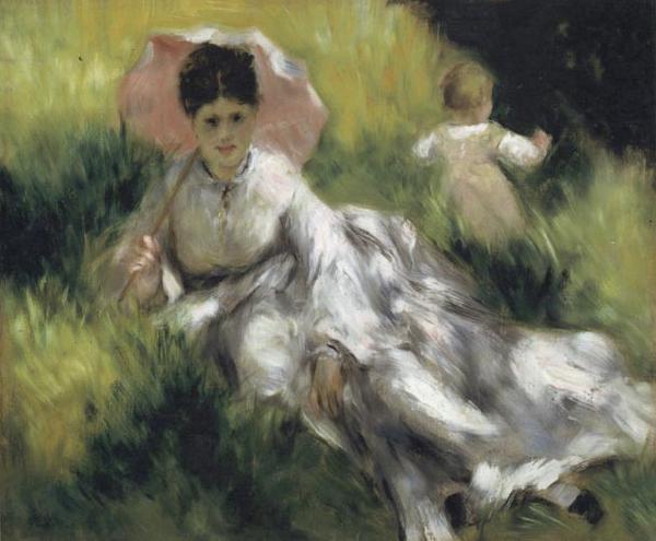Pierre Renoir Woman with a Parasol and Small Child on a Sunlit Hillside oil painting image